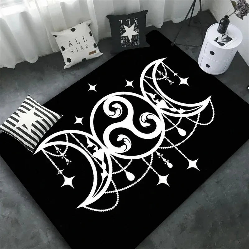 tapis sol mystique noir blanc motif lune étoile décor gothique salon chambre maison