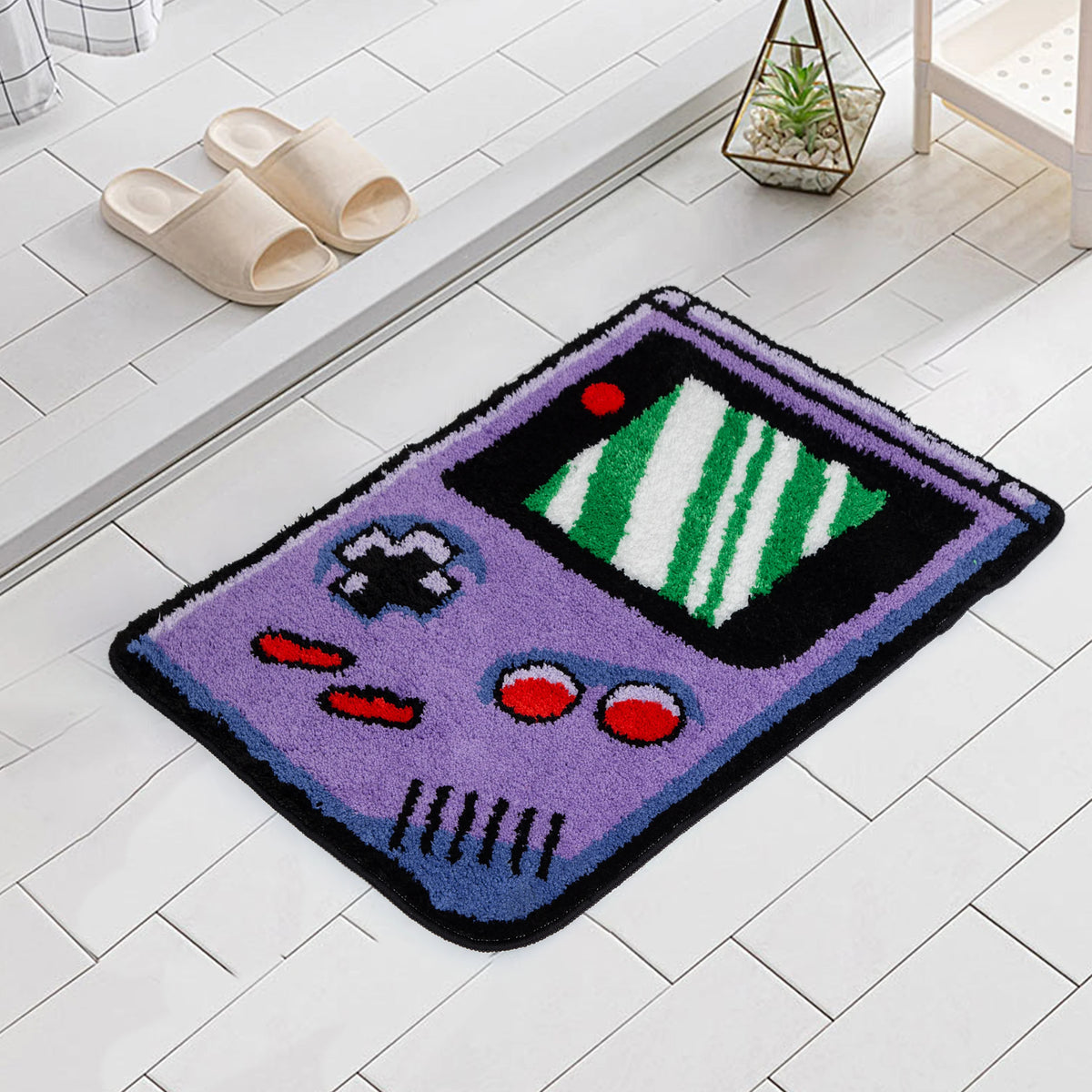 tapis polyester antidérapant violet noir blanc motif gameboy rétro usage intérieur sol chambre cuisine