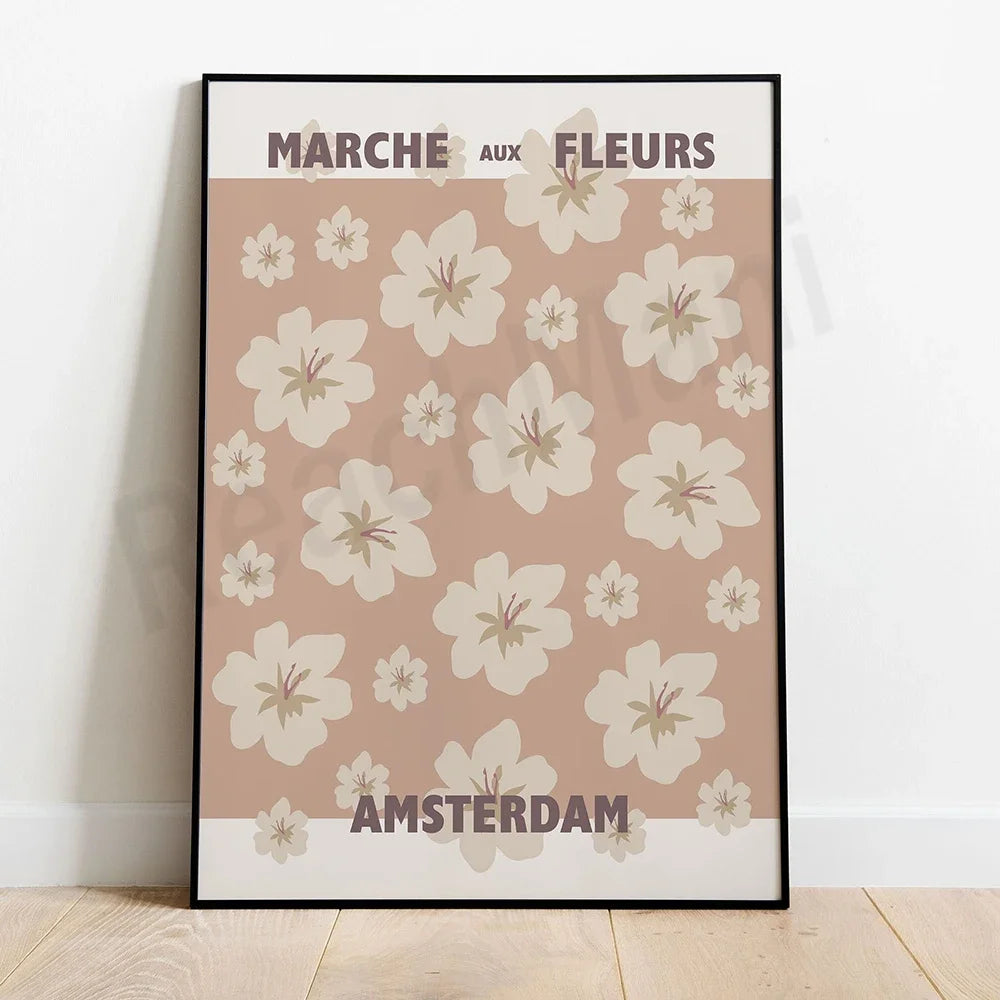 Affiche illustrée de fleurs dans une scène de marché à Amsterdam.