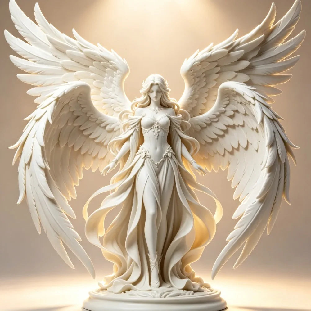 statue ange blanc détaillée plumes drapé classique religieux décoratif base ailes bougies livres plante