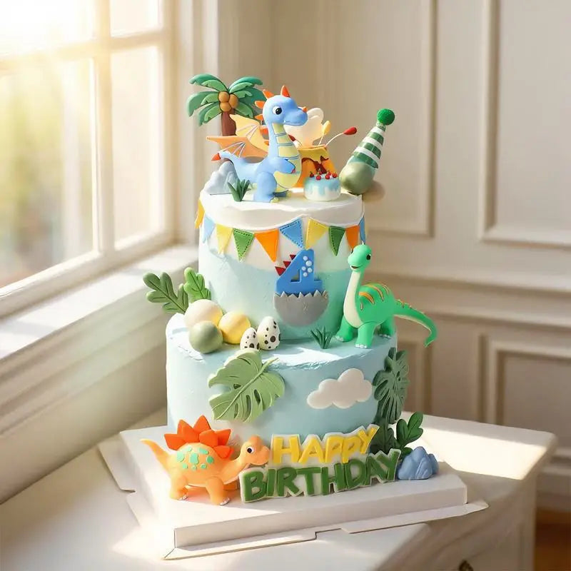 décoration gâteau anniversaire dinosaures feuilles tropicales volcan drapeaux enfants happy birthday plastique