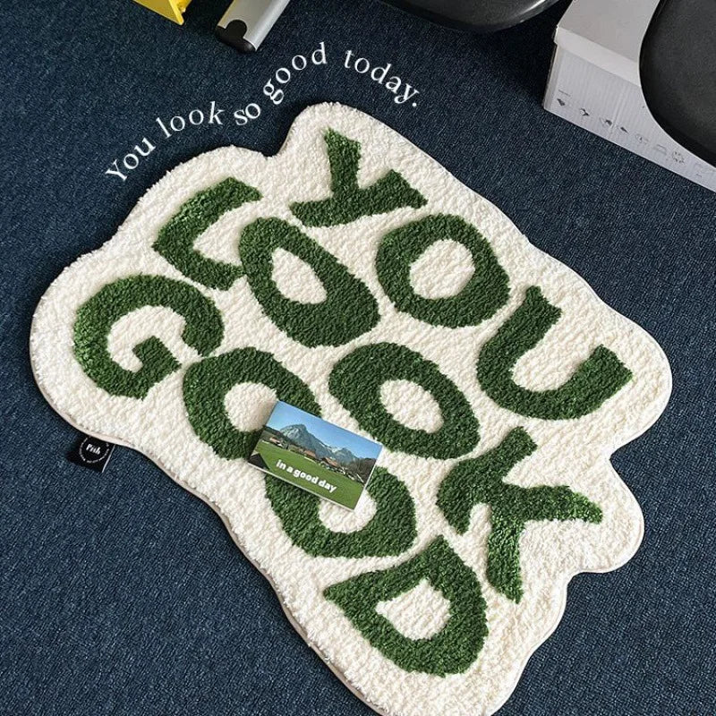 tapis polyester antidérapant lettres relief moderne noir blanc vert doux chambre salon véranda