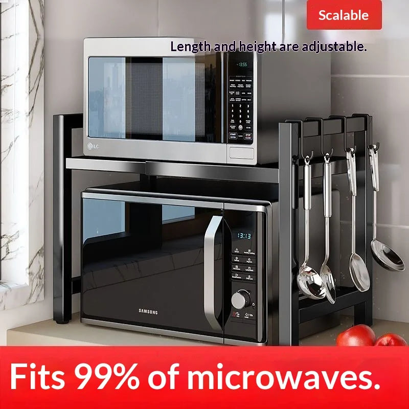 support micro ondes extensible noir moderne clips poignées rangement cuisine brillant fonctionnel