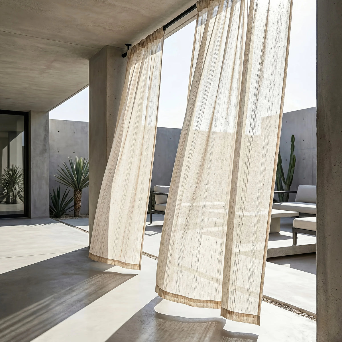 rideau extérieur beige clair rayures fines semi transparent moderne minimaliste jardin