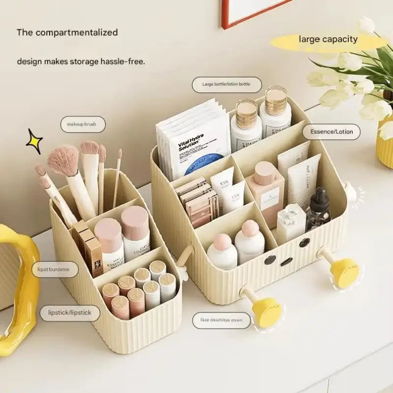 boîte rangement cosmétique beige rayures modernes poignées maquillage soins peau crèmes lotions emballages