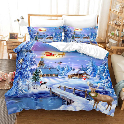 Parure de lit Noël rouge avec motif Père Noël et bonhomme de neige sur un lit