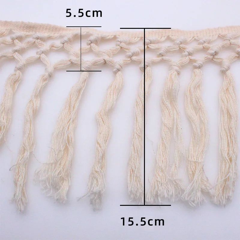 ruban macramé blanc motifs géométriques boho artisanal 15.5cm large franges coton tissu