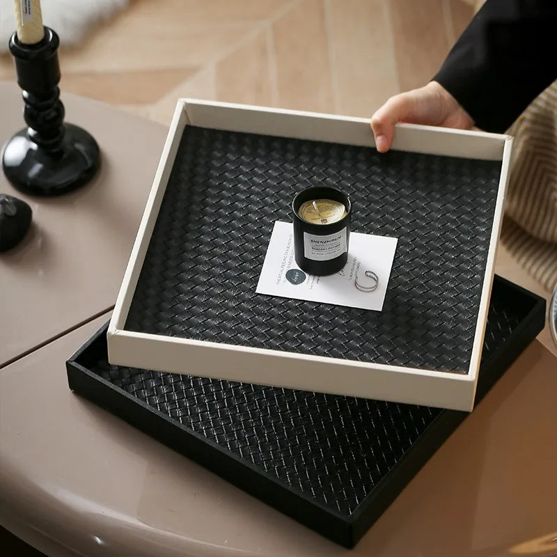 plateau rangement carré cuir noir blanc moderne tissé décoration maison articles divers