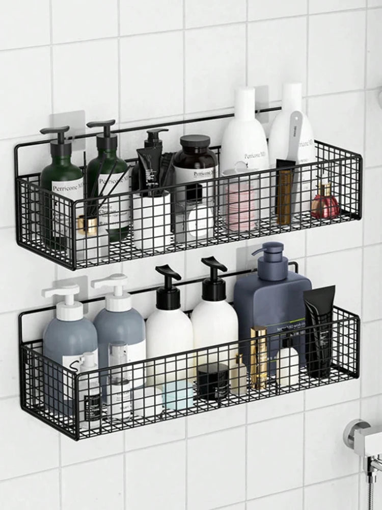 panier mural adhésif métal noir modernes rangement salle bain hygiène élégant minimaliste produits