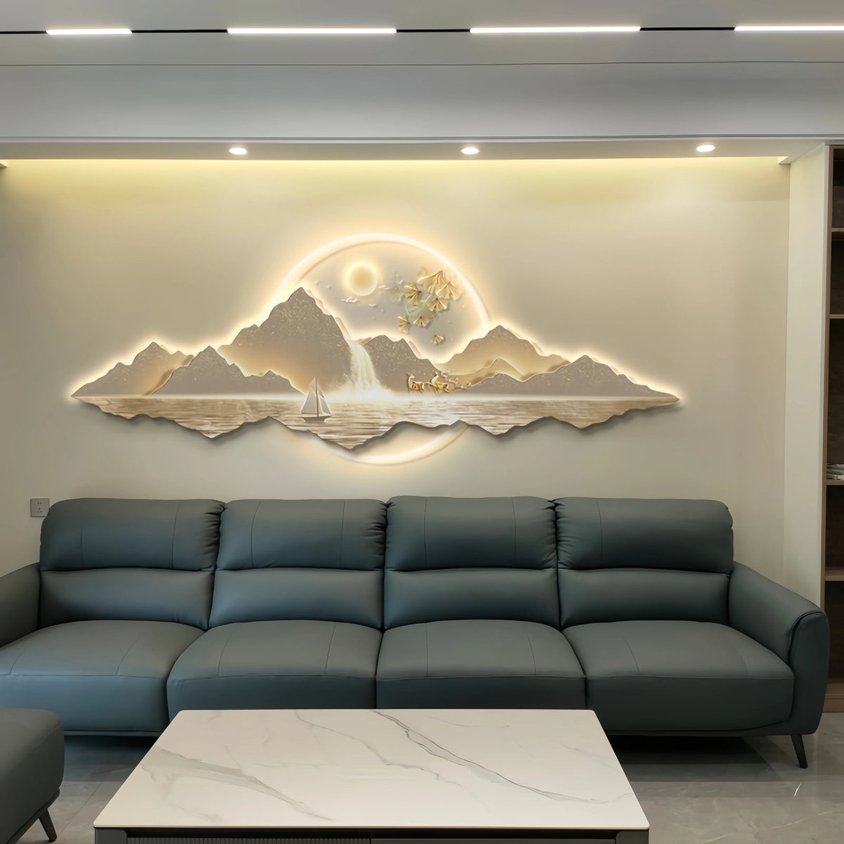panneau mural moderne blanc gris doré bleu montagnes lac bateau arbre ciel étoilé