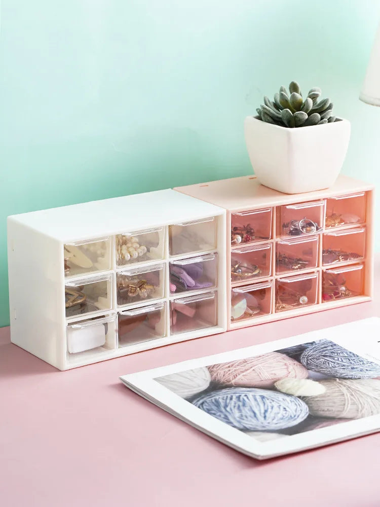 boîte rangement transparente moderne compartiments blanc rose tiroirs papeterie bijoux cosmétiques étudiants