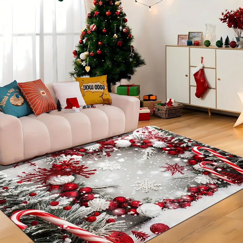 tapis noël rouge blanc gris boules flocons cannes branches salon chambre entrée festive décembre