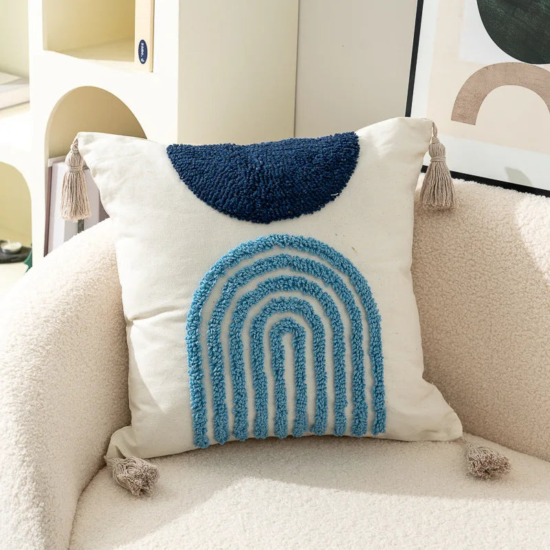 taies d'oreiller carrées 45x45cm moderne motifs géométriques blanc marron vert bleu beige tasseaux