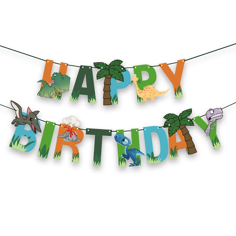 guirlande décoration anniversaire enfants dinosaures happy birthday lettres clips illustrations palmeraies volcan herbe