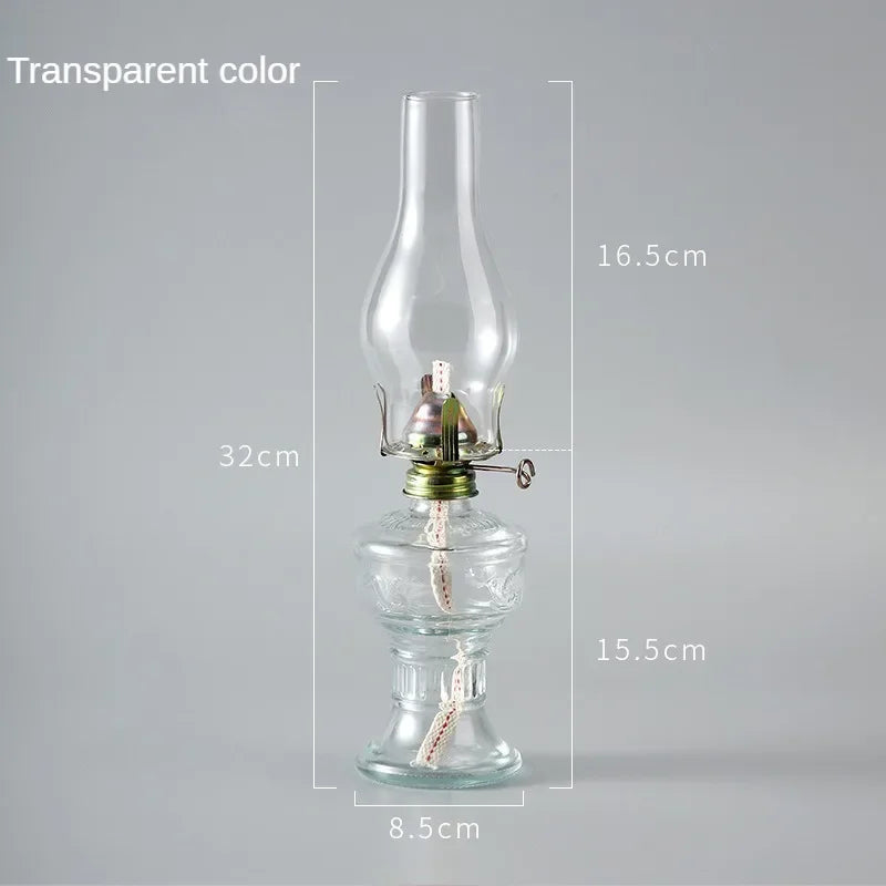 lampe huile verre transparent ancienne motifs décoratifs aiguille pompe rouge orange bleu vintage
