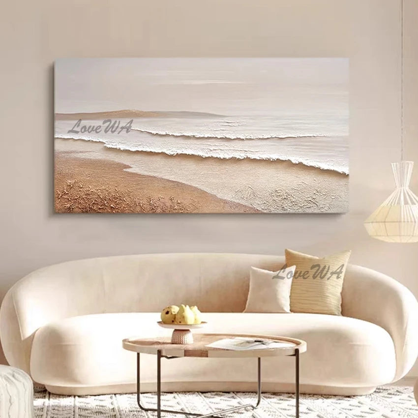 tableau abstrait paysage marin vagues sable moderne toile huile horizontal grand decoration beige gris
