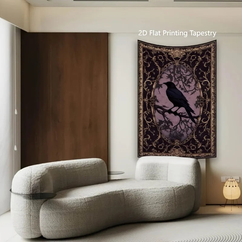 tapisserie gothique corbeau noir violet beige motif floral ornemental rectangle lavable maison chambre studio