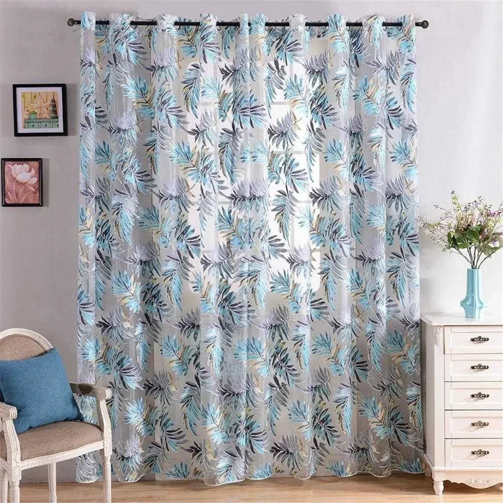rideaux tulle feuilles tropicales bleu vert blanc modernes translucides anneaux chambre salon