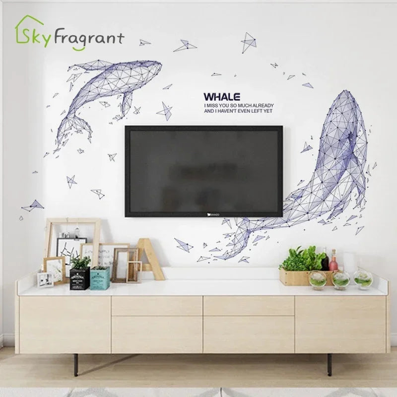 autocollant mural moderne baleine bleu gris blanc géométrique triangulaire salon chambre 60x90cm