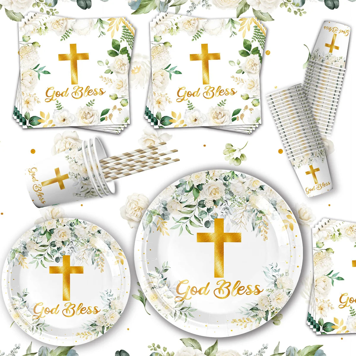 serviettes assiettes gobelets nappe fleurs croix dorées blanc vert anniversaire mariage fête