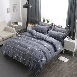 ensemble literie moderne noir blanc motif géométrique housse couette oreillers polyester