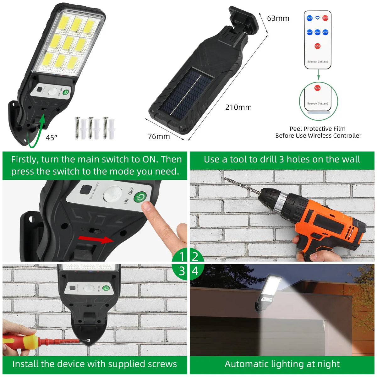 lampe solaire moderne noire led ip65 abs télécommande vis inclusextérieur jardin terrasse