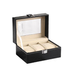boîte rangement montres cuir noir intérieur beige classique verre transparent compartiments bouton pression