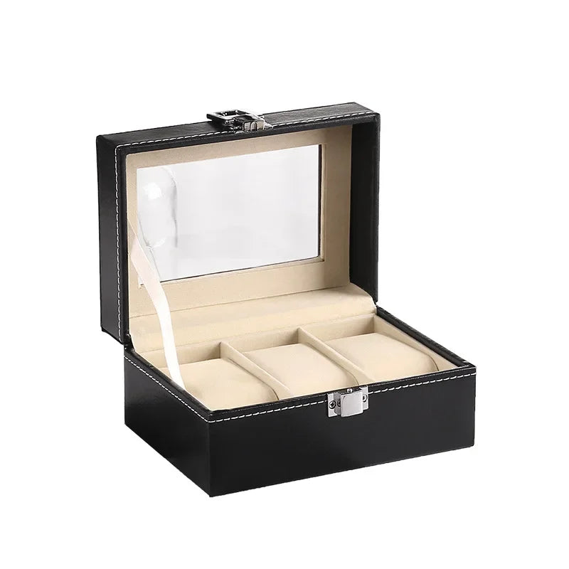 boîte rangement montres cuir noir intérieur beige classique verre transparent compartiments bouton pression