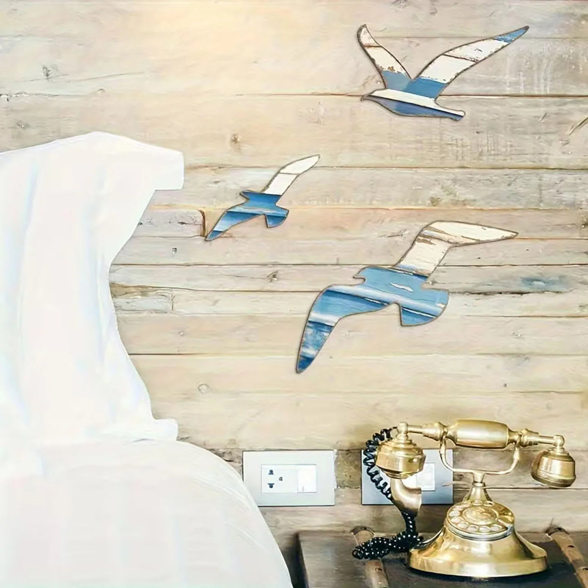 décoration murale oiseaux bois bleu blanc gris adhésif double face artisanal rustique chambre enfant