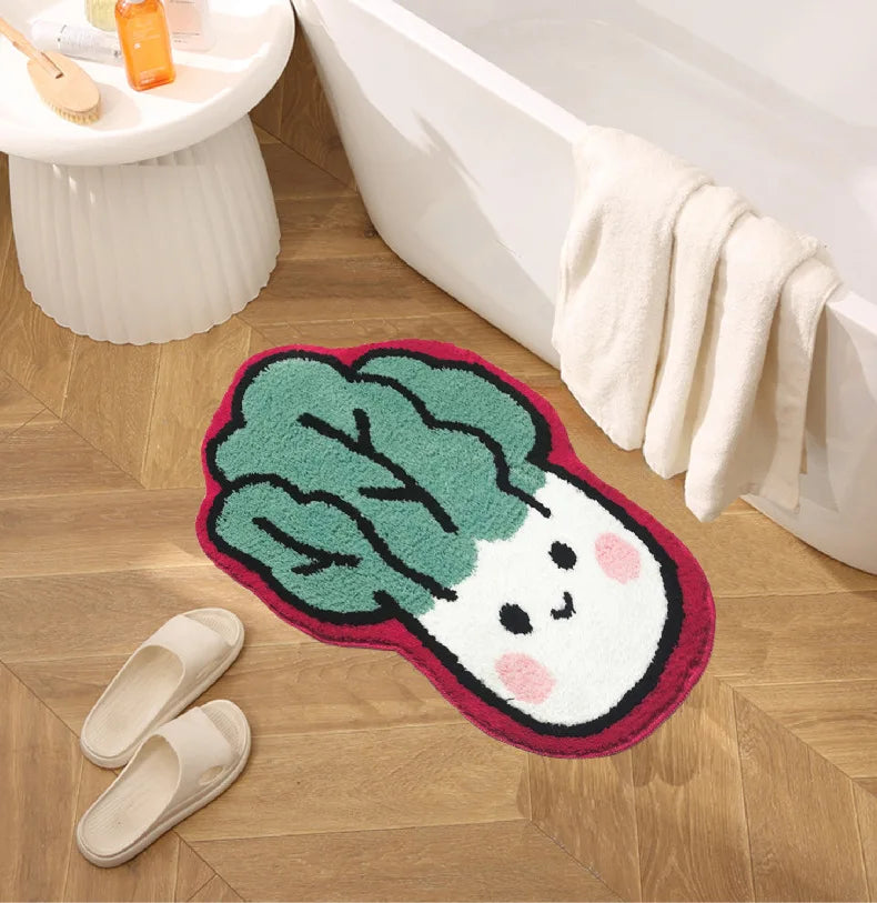 tapis créatif dessin animé poisson stylisé souriant motifs géométriques bleu blanc jaune noir maison