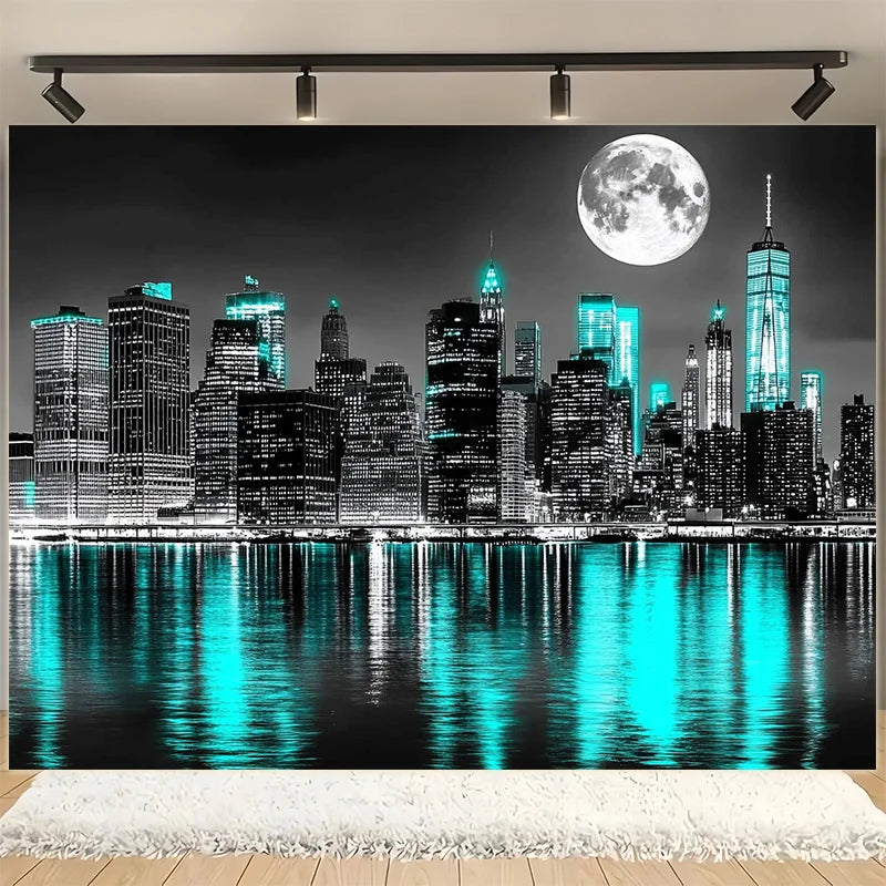 toile d'art paysage urbain moderne nuit gratte ciels mariage anniversaire décoration fête large turquois