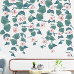 sticker mural floral feuilles vertes fleurs roses décoration intérieure moderne chambre salon autocollant pvcversible