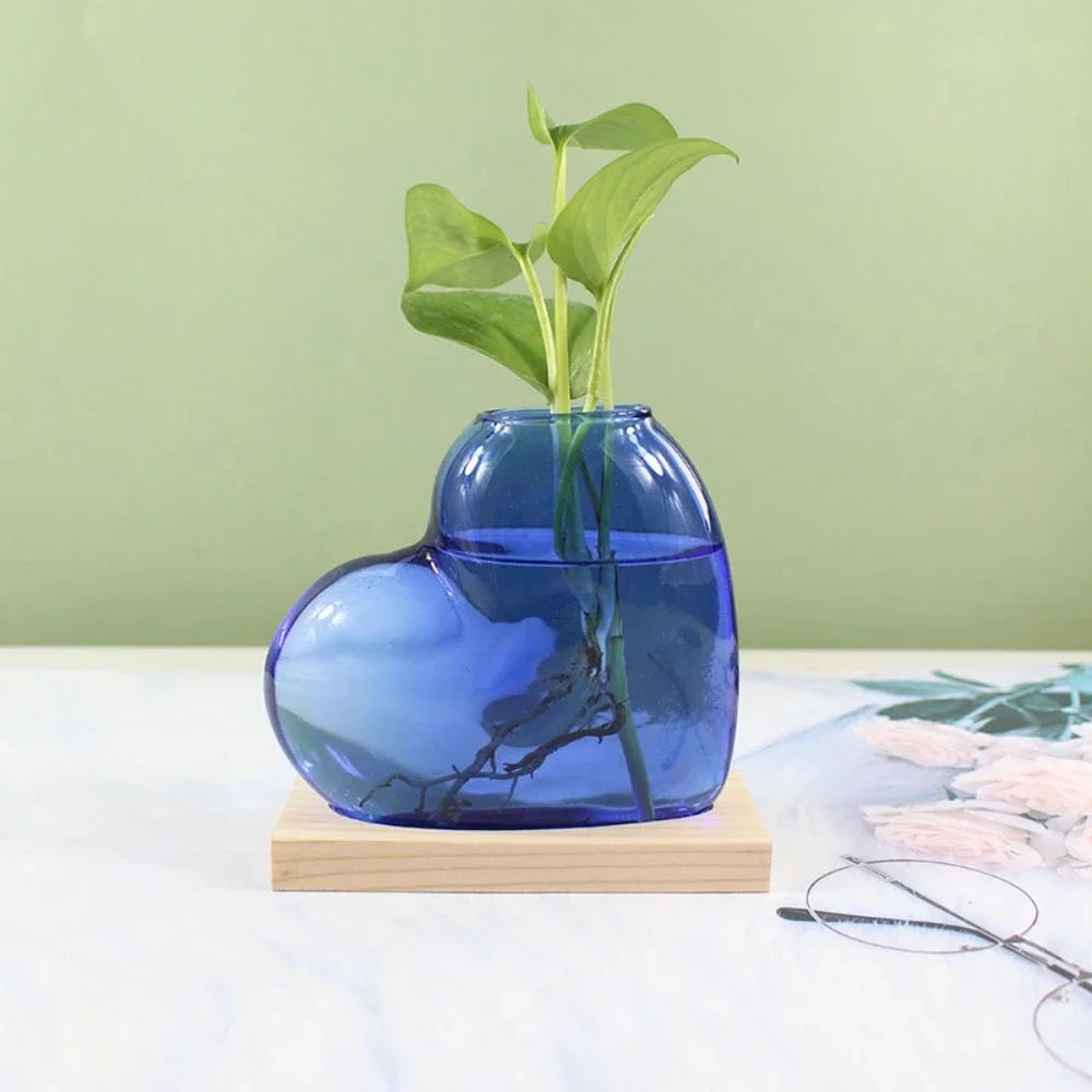 vase verre forme cœur transparent moderne plante verte support bois