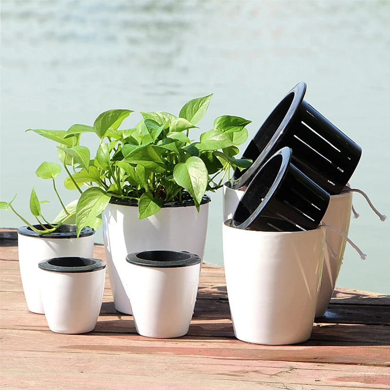 pots fleurs modernes blancs noirs doubles couches absorption eau grandes plantes bonsaï
