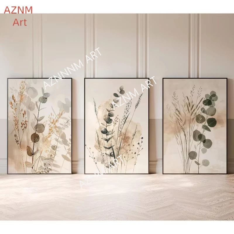 affiches murales minimaliste abstrait feuilles fleurs séchées naturelles encadrées bois salon chambre trio