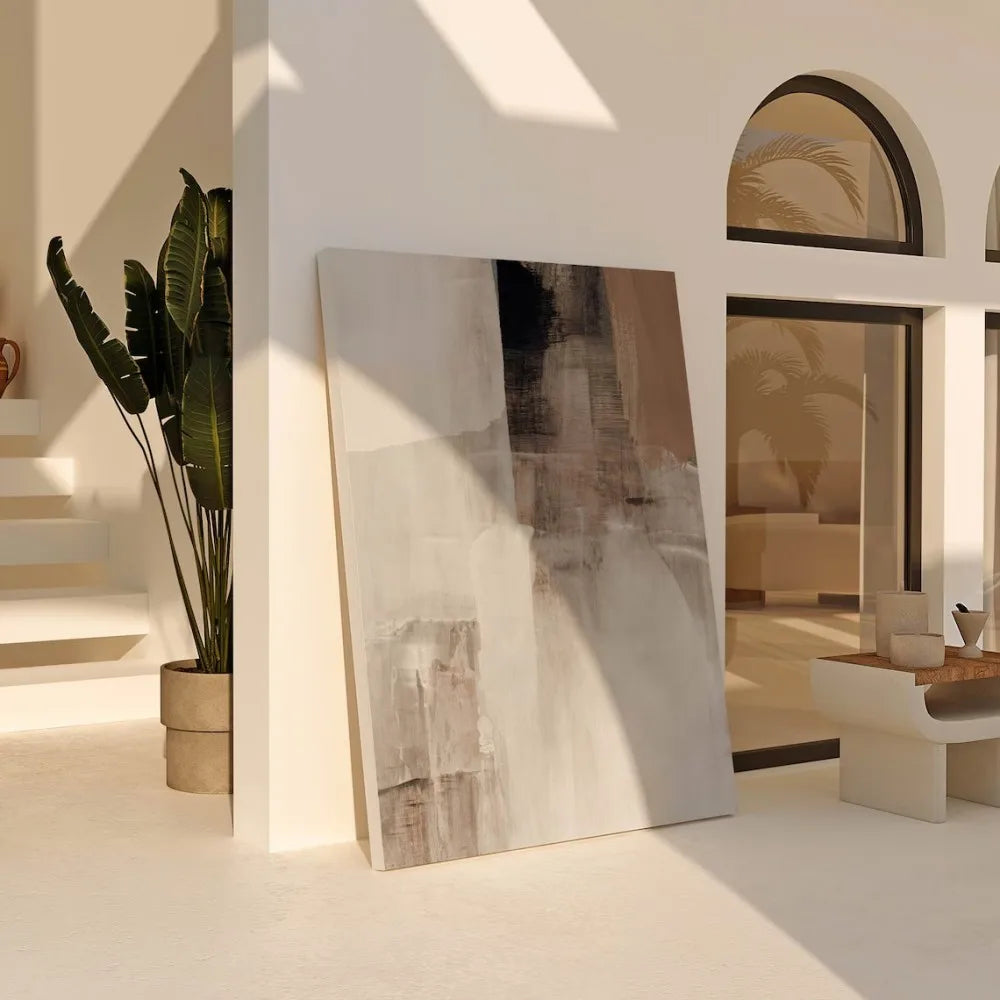 tableau abstrait contemporain toile blanc beige noir textures variées sans cadre decoration murale chambre