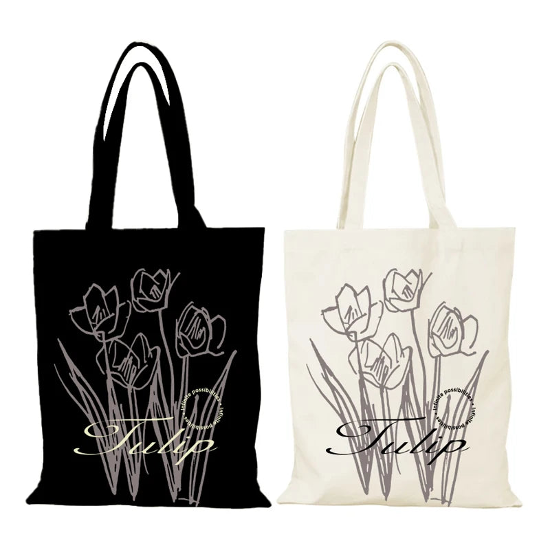 sac tissu tote bag graphique floral tulipes plumes abstrait pochette intérieure poignées tissu opaque