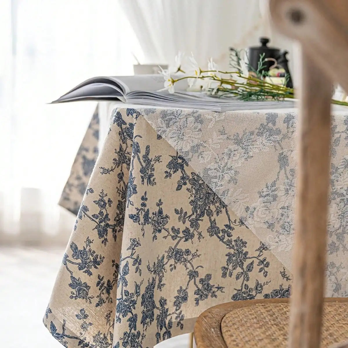 nappe plaid motif floral champêtre table extérieure mariage fête beige bleu rustic