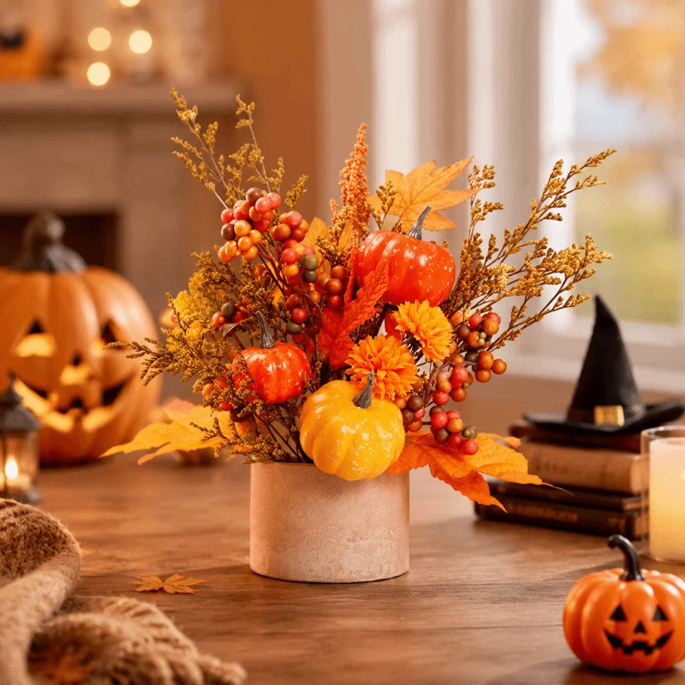 bouquet feuilles automnales courges artificielles orange jaune vert marron décoration intérieure rustique festive chambre