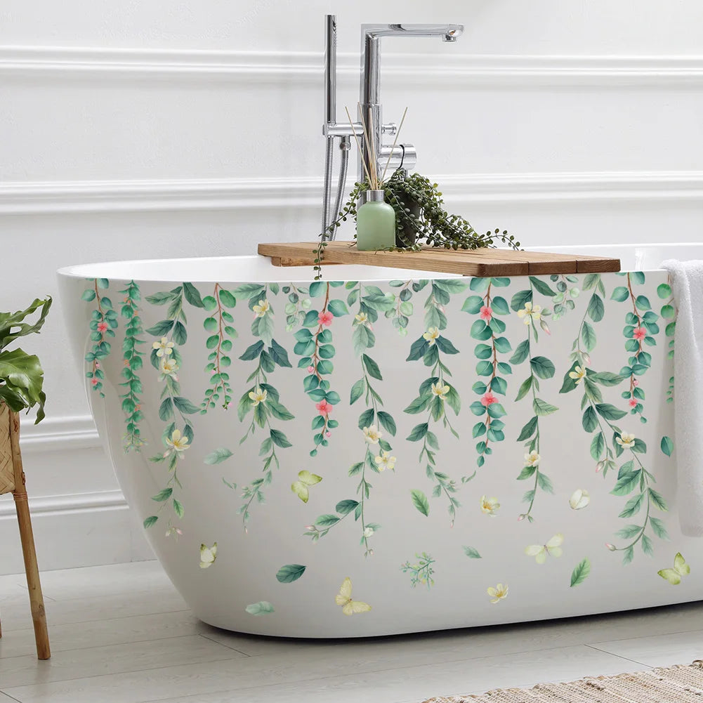 sticker mural adhésif feuilles fleurs botanique aquarelle decoration maison 64cm 104cm pieces