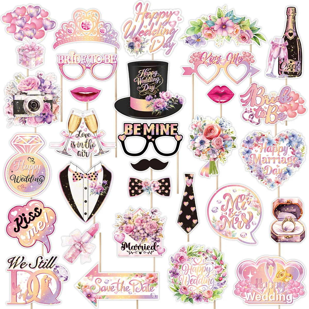 accessoires photo mariage carton bâtonnets alliances robes mariée costumes chapeaux lunettes coeurs champagne gâteaux