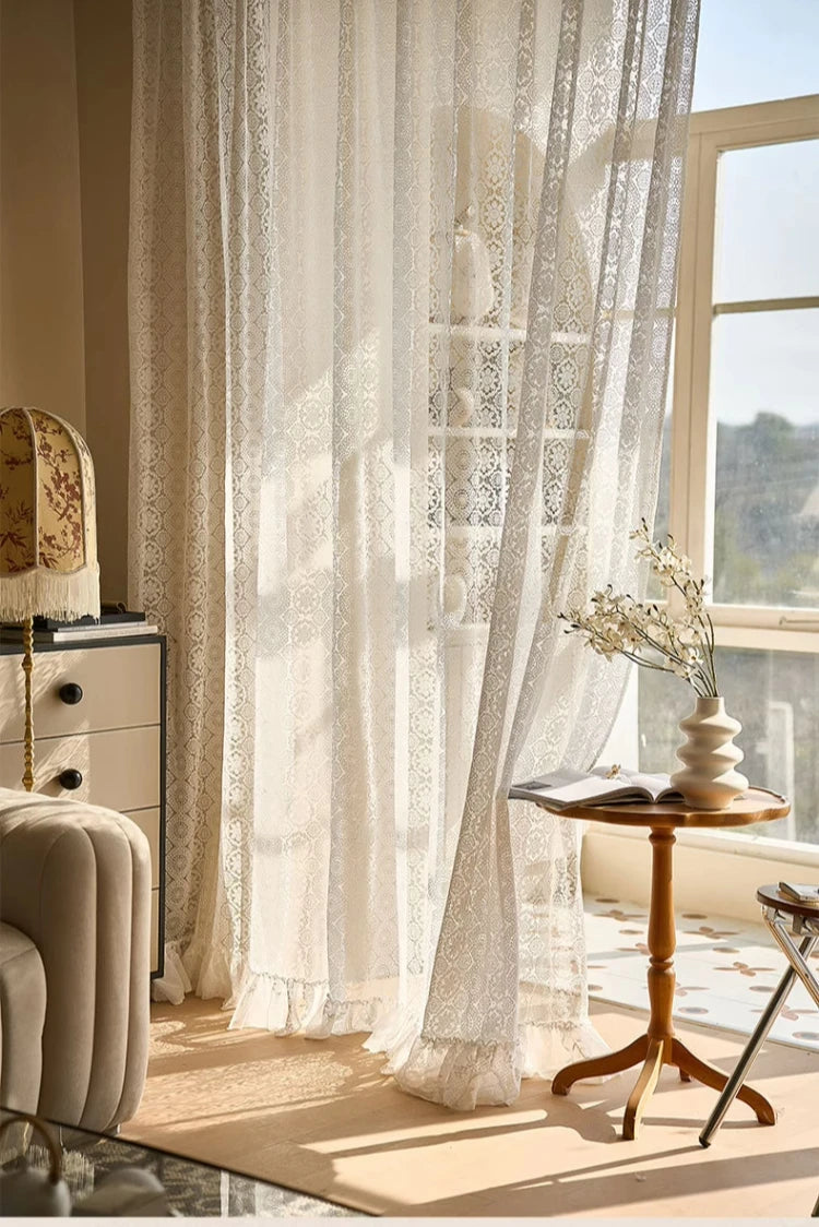 rideau dentelle blanc transparent romantique anneaux fenêtre salon chambre maison luxe