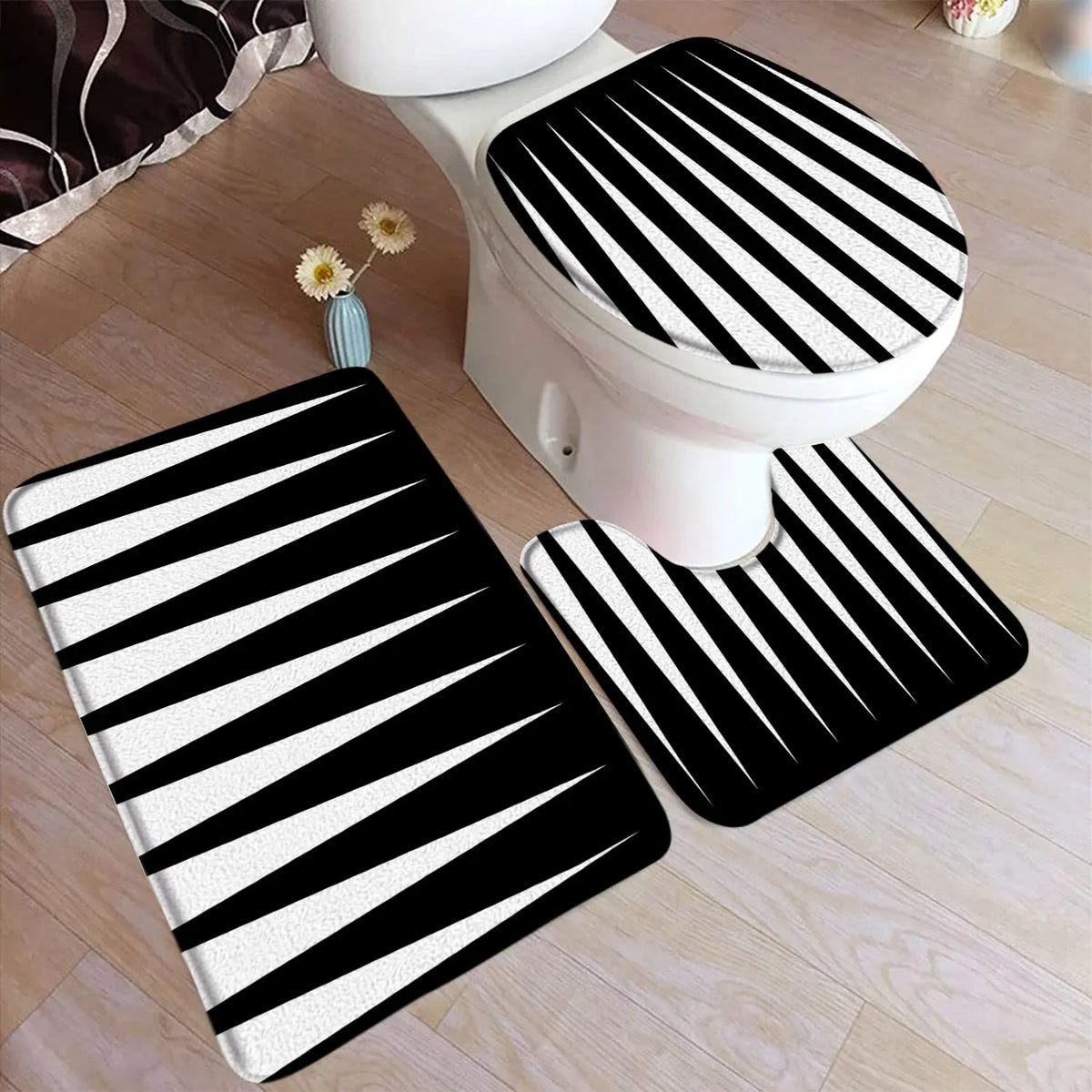tapis bain moderne ensemble noir blanc adhésif tapis sol couvercle toilette minimaliste respectueux environnement