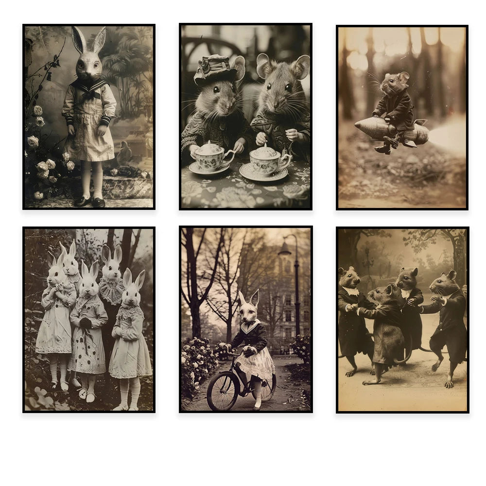 Cette collection d'images en noir et blanc dépeint des scènes surréalistes mettant en scène des animaux anthropomorphiques dans des situations fantaisistes et oniriques.