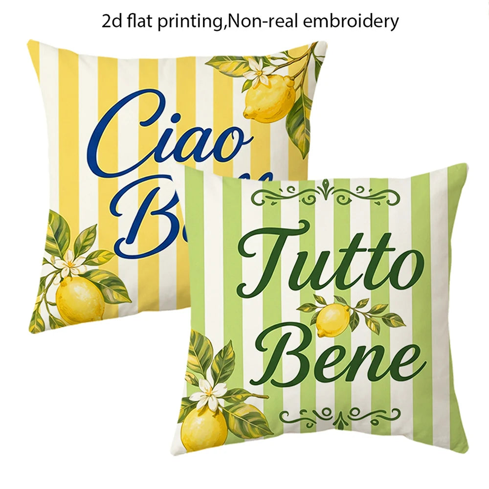 taies d'oreiller décoratives moderne jaune vert blanc rayures citrons 45x45cm zipper deux pièces