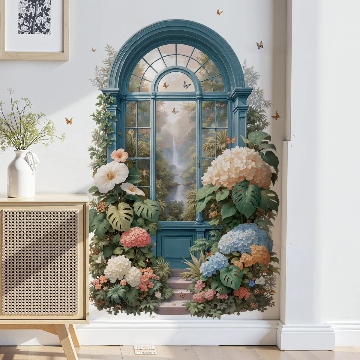sticker mural 3d vintage fenêtre paysage fleurs papillons deco chambre salon entree
