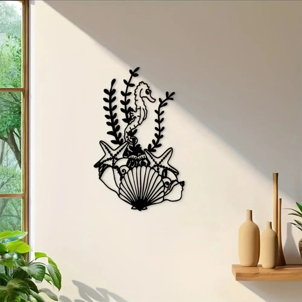 décoration murale hippocampe étoile mer plaque marine moderne noir artisanal