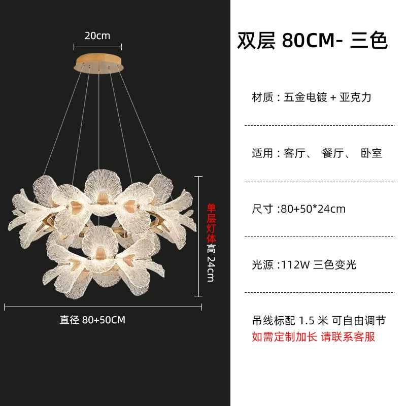 Suspension lumineuse moderne florale blanc doré LED câbles métalliques transparentes chambre salon