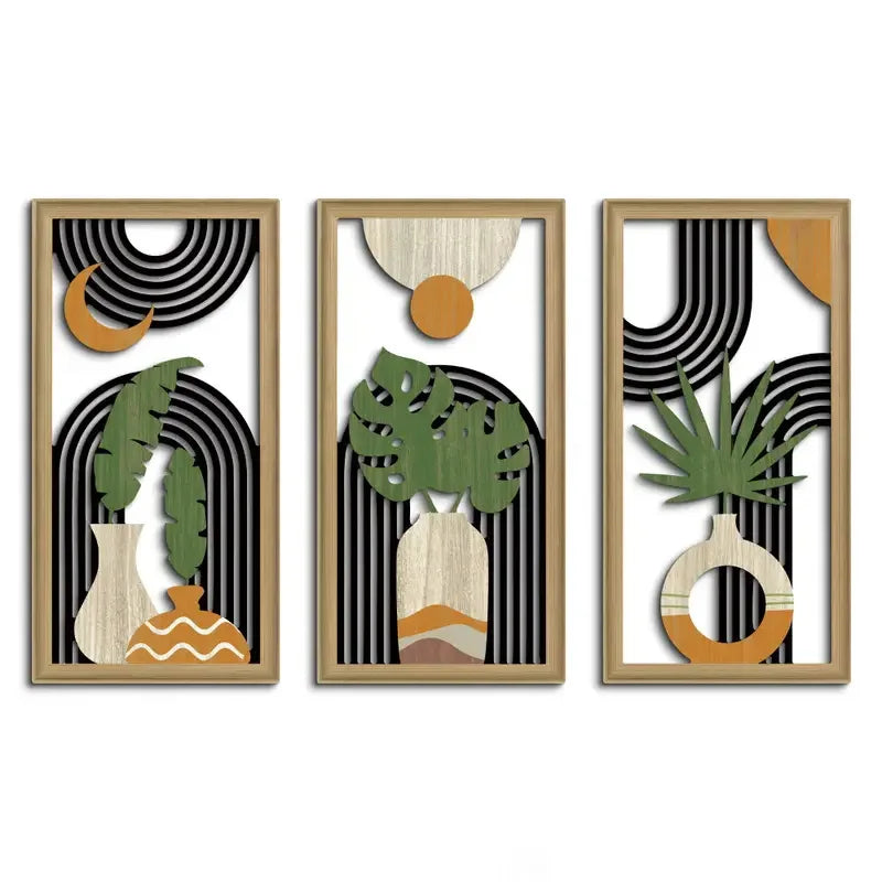 tableau mural moderne abstrait géométrique bois noir blanc vert orange floral chambre salon