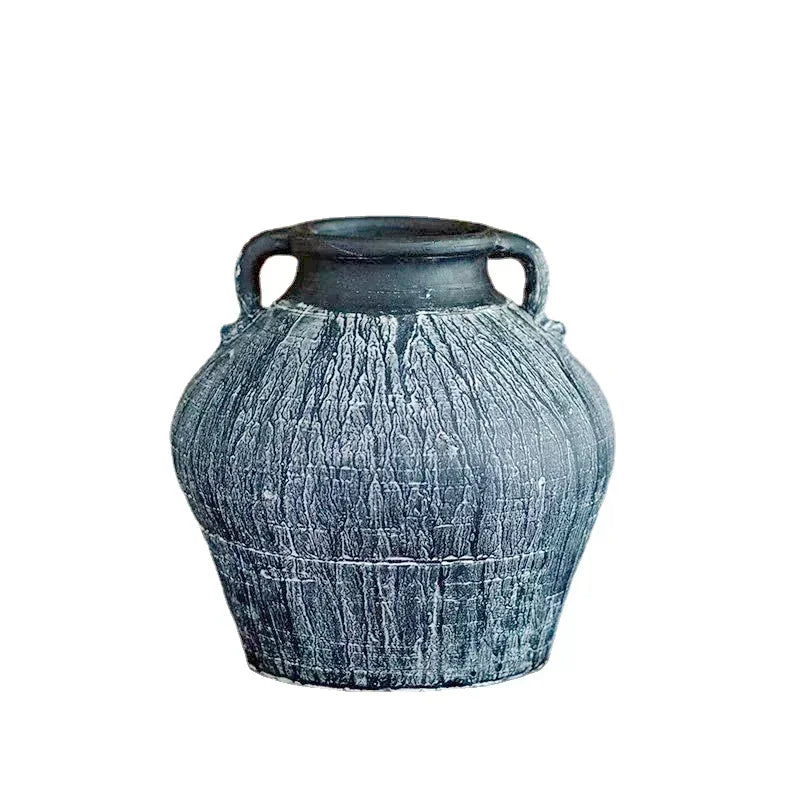 pots céramique vintage gris bleu texture usée rustique plantes balcon